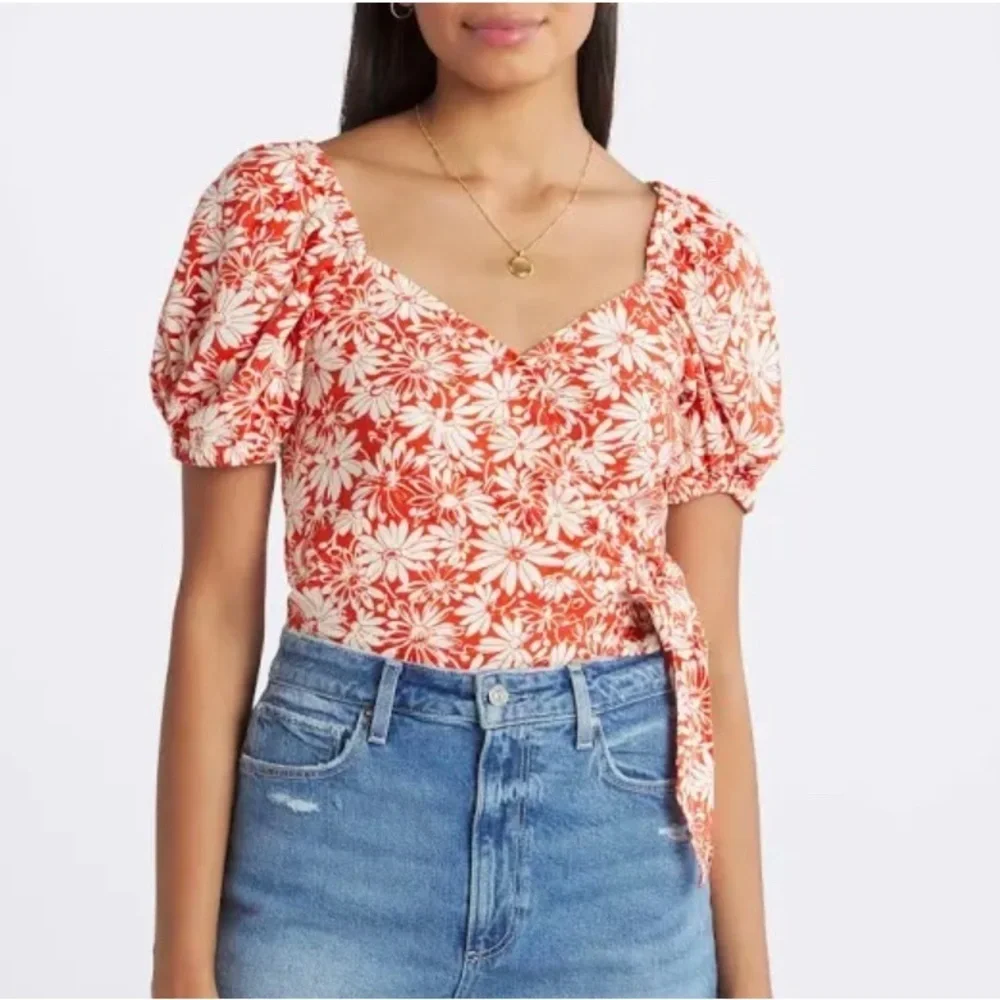 Madewell Abstract Floral Sweetheart Puff Sleeve Linen Blend Wrap Top